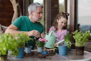 Una piccola figlia che aiuta il padre a piantare e innaffiare fiori, concetto di giardinaggio domestico