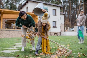 Meninas felizes com uma avó pegando folhas e colocando-as no balde no jardim no outono