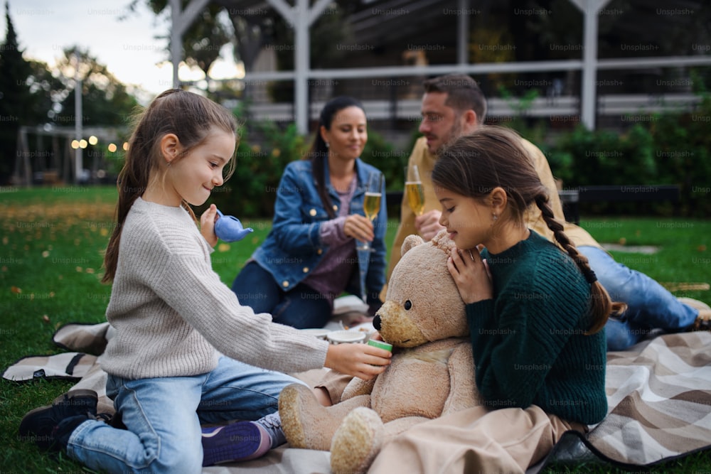 Happy little sisters sitting on blanket and playing with teddy bear on picnic with parents outdoor in park
