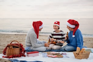 A happy senior couple with granddaughter sitting on blanket and having picnic outdoors on beach by sea.
