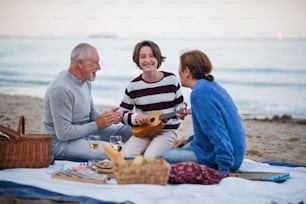 A happy senior couple with granddaughter sitting on blanket and having picnic outdoors on beach by sea.