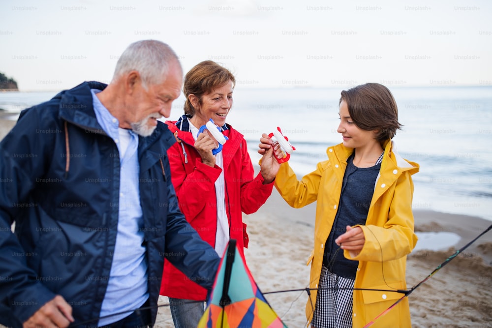 Grandparents with a preteen girl preparing kite for flying on sandy beach.