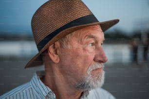 A portrait of senior man tourist loooking aside outdoors on pier by sea.