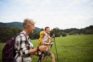 A happy mid adult woman with trekking poles hiking with active senior mother outdoors in nature.