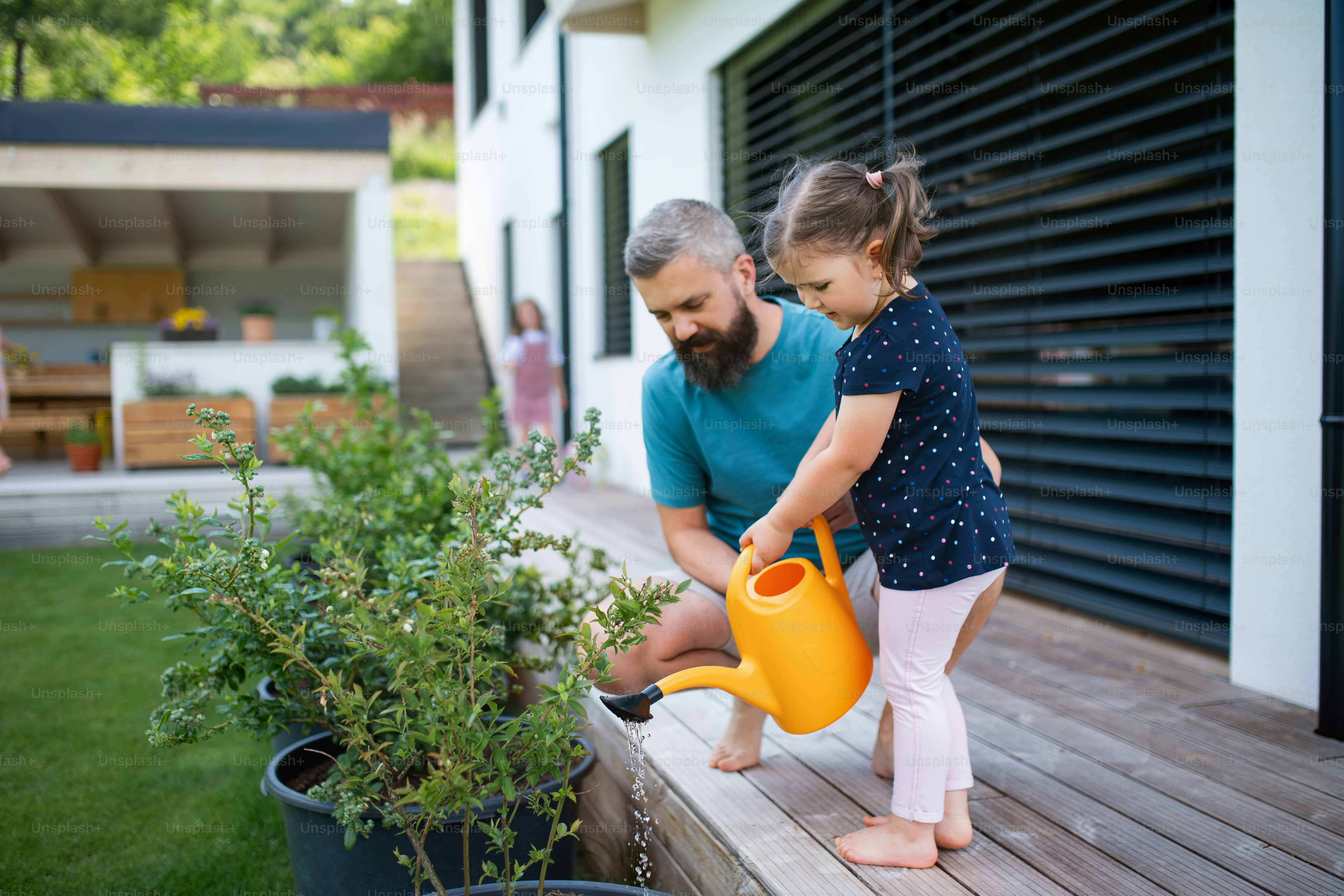 裏庭で屋外で植物に水をやる父と小さな娘。