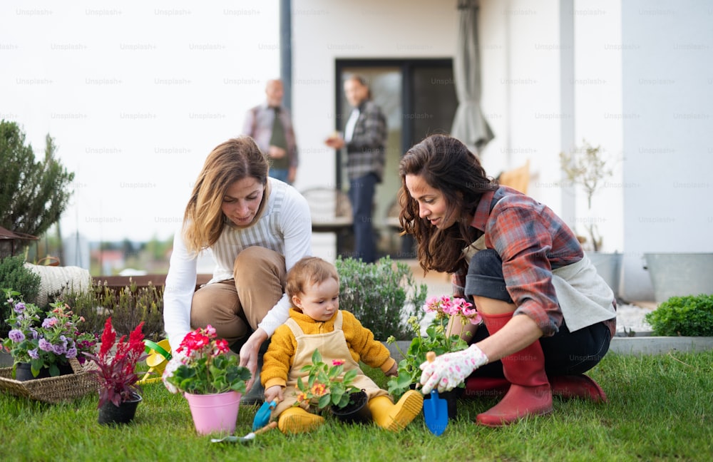Una familia multigeneracional feliz al aire libre plantando flores en el jardín en casa, concepto de jardinería.