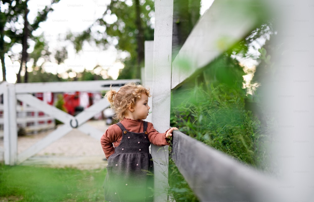 Vista lateral de una niña pequeña parada en la granja. Espacio de copia.
