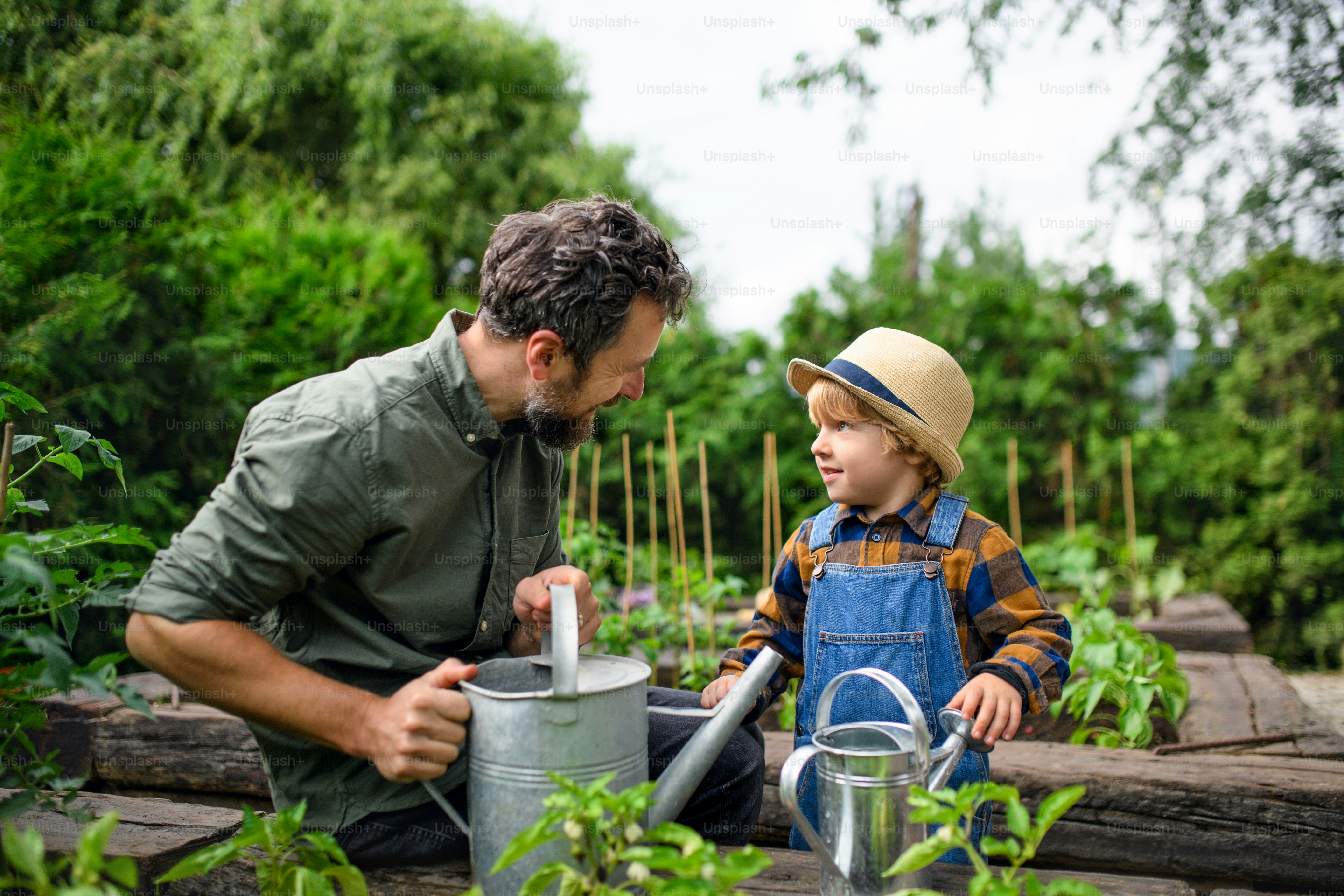 Ritratto di piccolo ragazzo con il giardinaggio del padre nella fattoria, coltivando verdure biologiche.