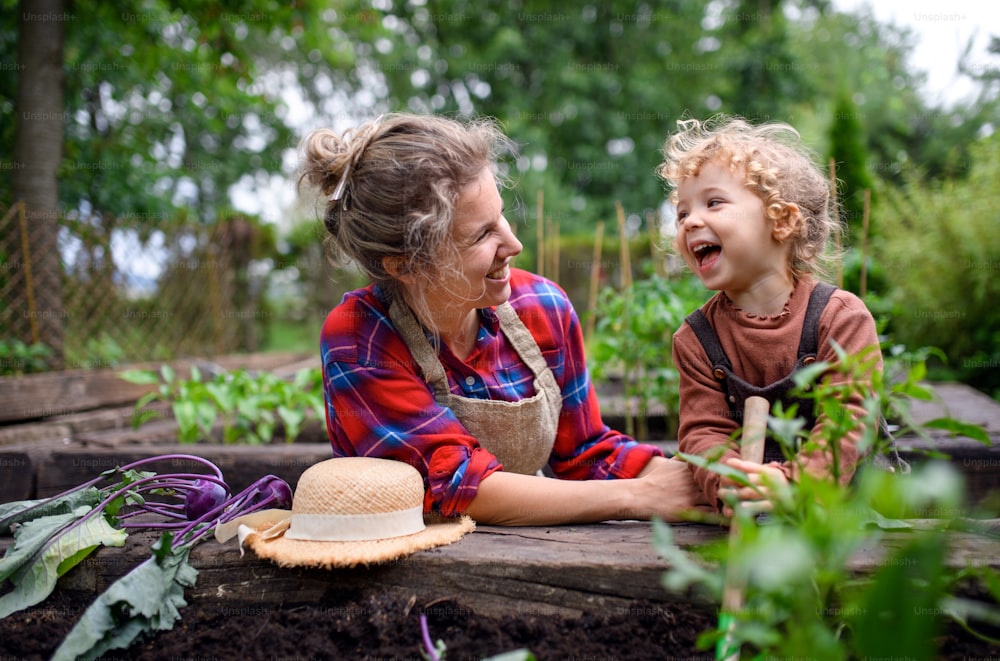 Glückliche Mutter mit kleiner Tochter, die auf dem Bauernhof gärtnert und Bio-Gemüse anbaut.