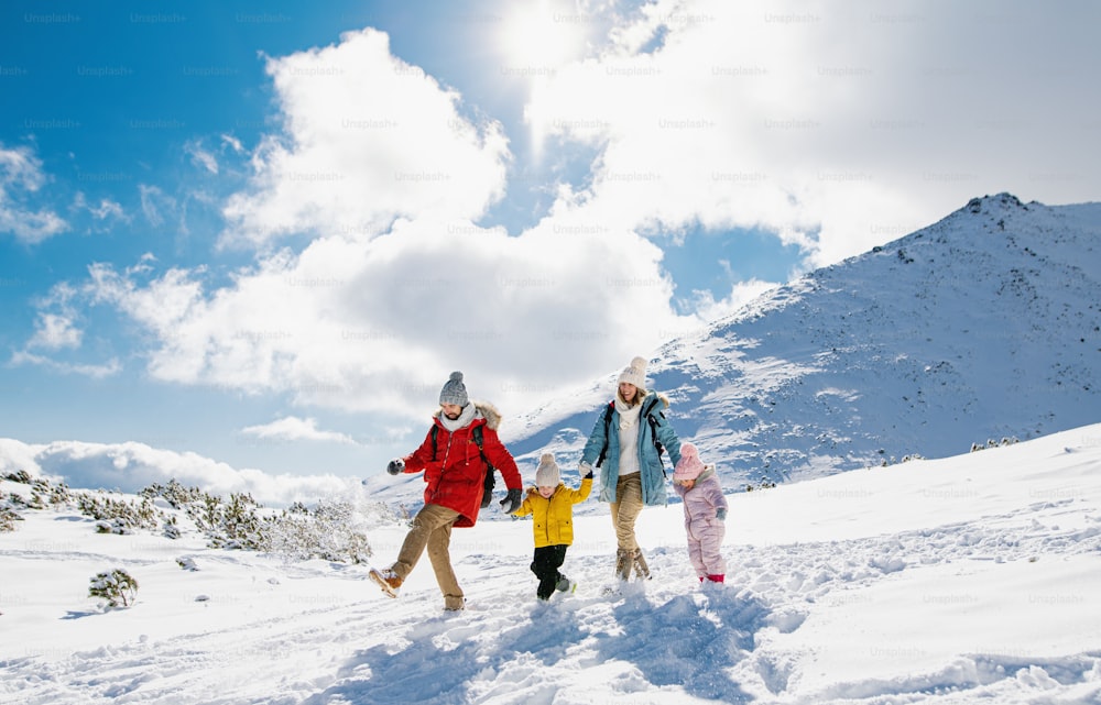 Portrait of father and mother with two small children in winter nature, walking in the snow.