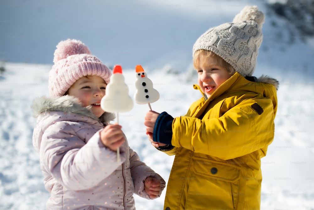 Retrato de dos niños pequeños parados en la nieve en la naturaleza invernal, comiendo dulces.
