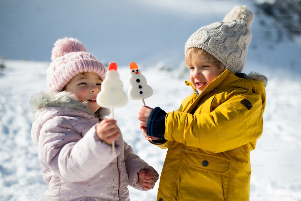 Portrait of two small children standing in snow in winter nature, eating sweets.