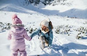 Mother with small toddler daughter walking in snow in winter nature, holiday concept.