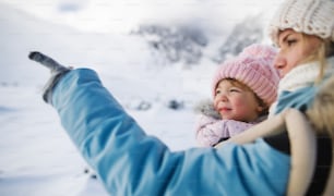 Young mother with small daughter in carrier standing in winter nature, talking.