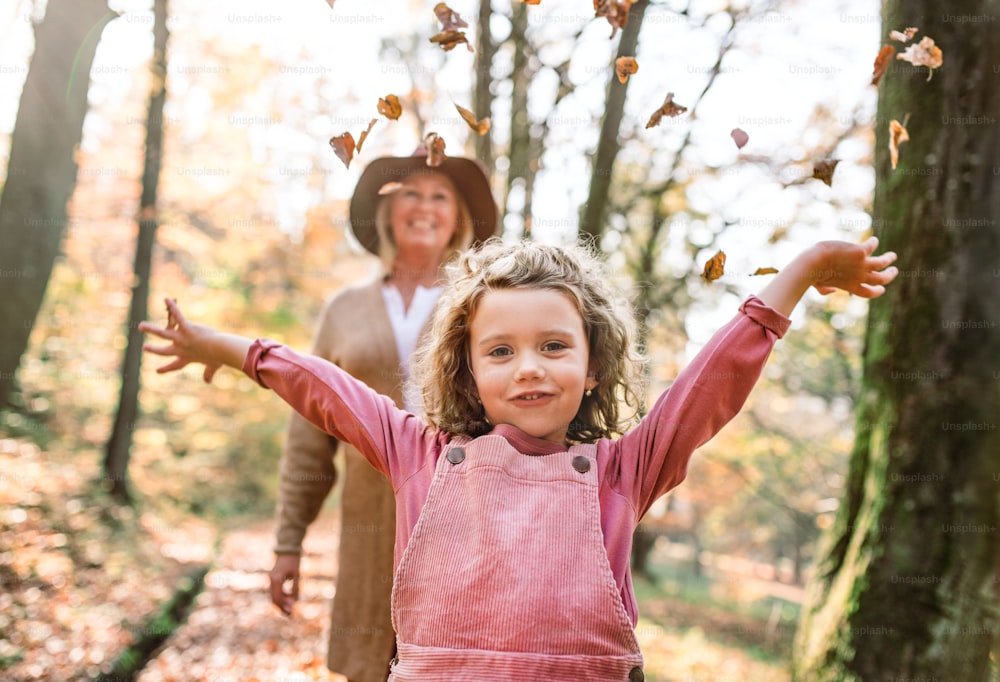 Portrait of small girl with grandmother on a walk in autumn forest, having fun.