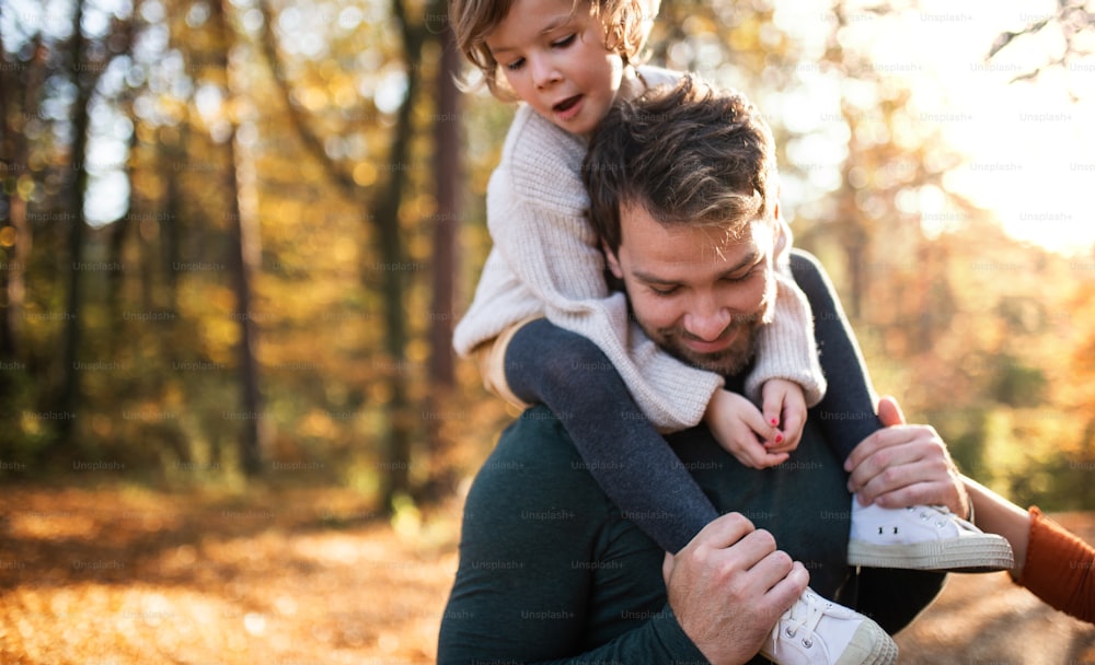Mature father giving piggyback ride to happy small daughter on a walk in autumn forest.