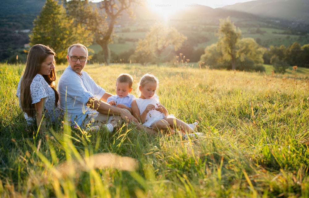 Happy young family with two small children sitting on meadow outdoors at sunset.