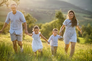 Familia joven y feliz con dos niños pequeños caminando por el prado al aire libre al atardecer.