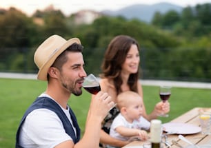 Giovane coppia con baby sitter al tavolo all'aperto sul barbecue del giardino di famiglia, bevendo vino.