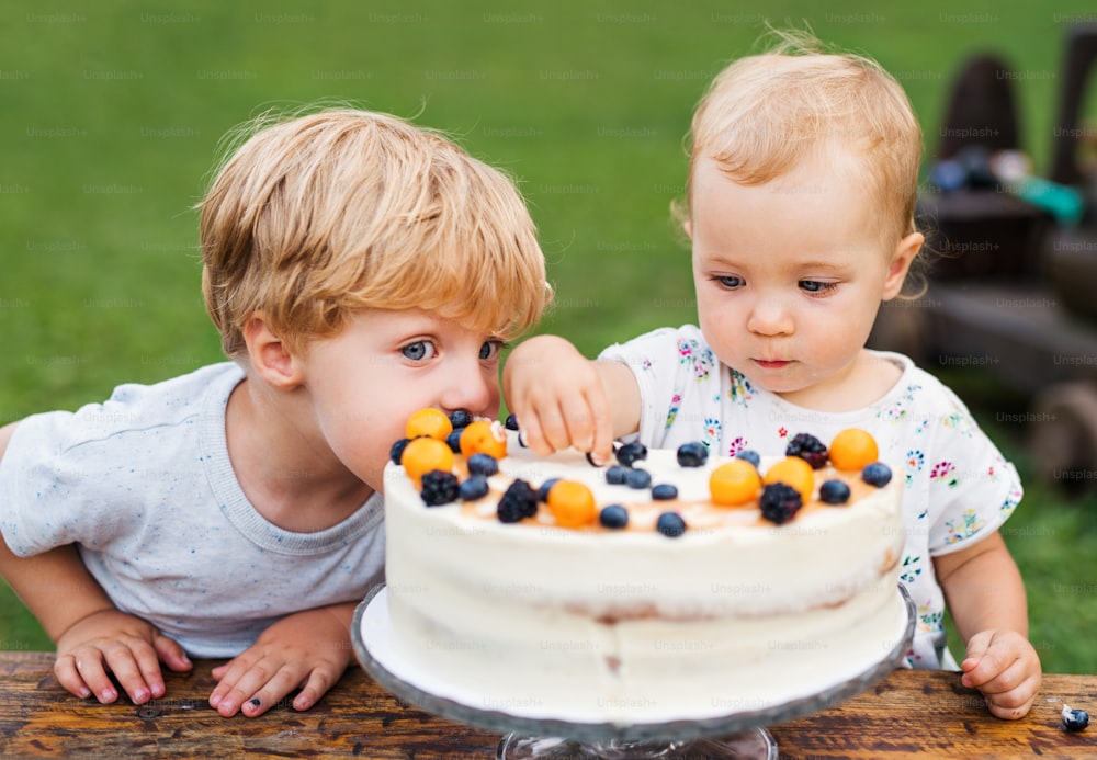 Front view of two toddler children with birthday cake outdoors in garden in summer.