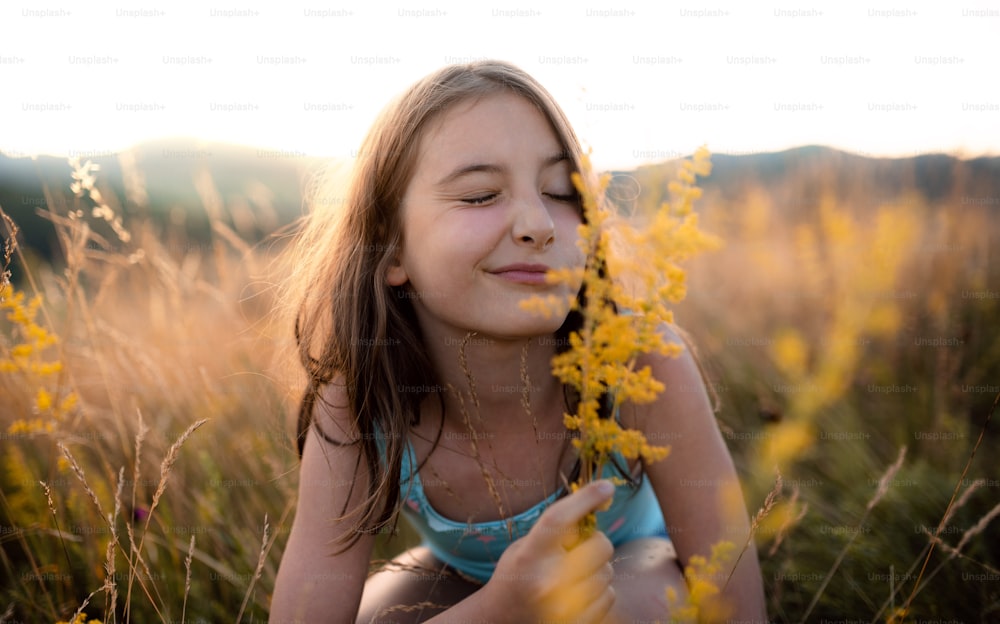Un ritratto di bambina felice in erba in natura, tenendo fiore.