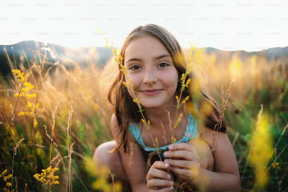 Un ritratto di bambina felice in erba nella natura, guardando la macchina fotografica.
