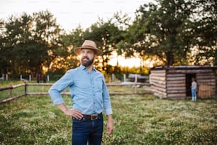 A portrait of happy mature man farmer with hat standing outdoors on family farm at sunset.