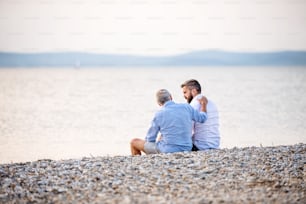 Rear view of senior father and mature son sitting by the lake, talking. Copy space.