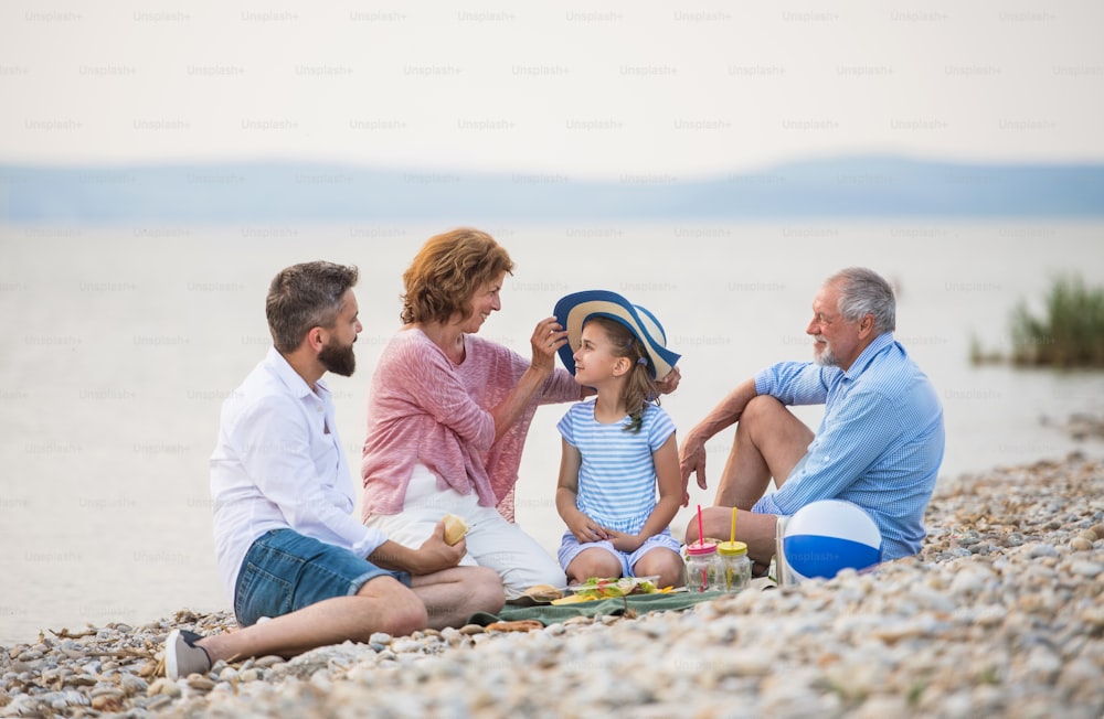 A multigeneration family on a holiday by the lake, having picnic.