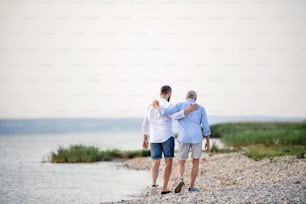 A rear view of senior father and mature son walking by the lake. Copy space.