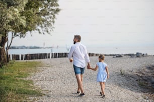 Rear view of mature father walking with small daughter on a holiday by the lake, holding hands.