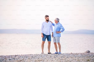 Senior father and mature son standing by the lake, talking. Copy space.