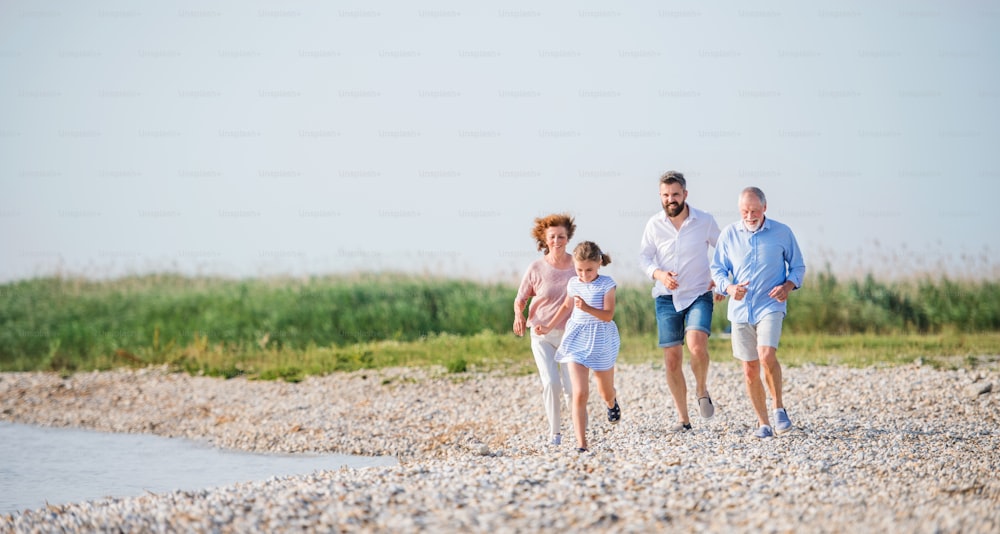 Una famiglia multigenerazionale in vacanza a piedi in riva al lago, correndo.
