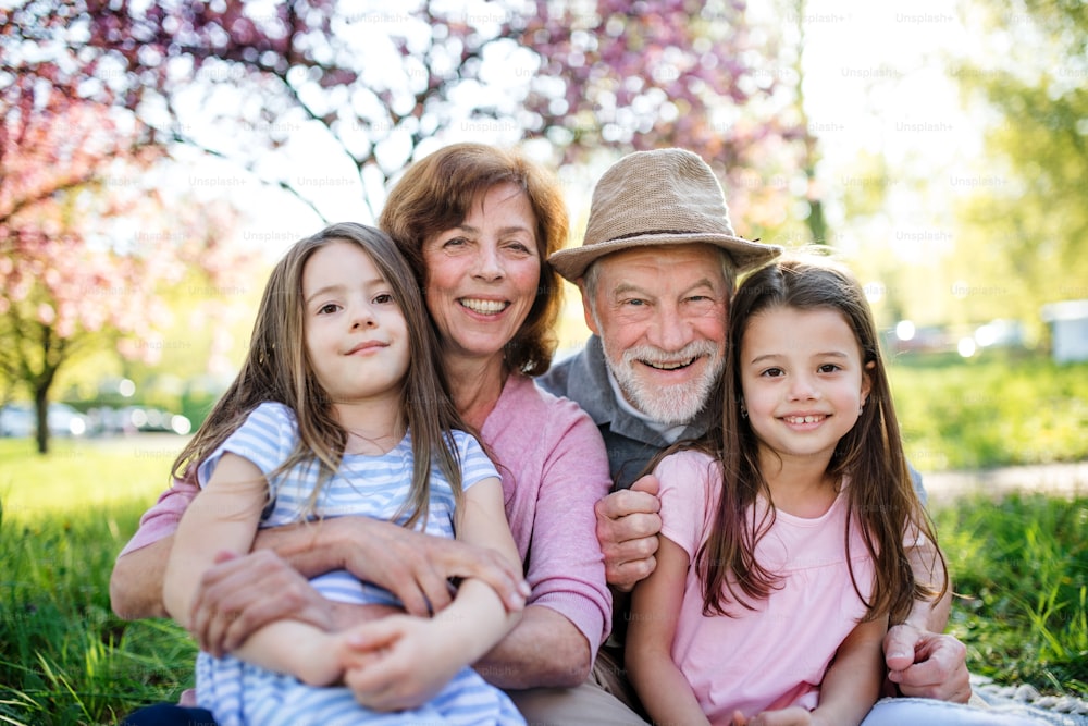 Senior grandparents with granddaughters sitting outside in spring nature, looking at camera.