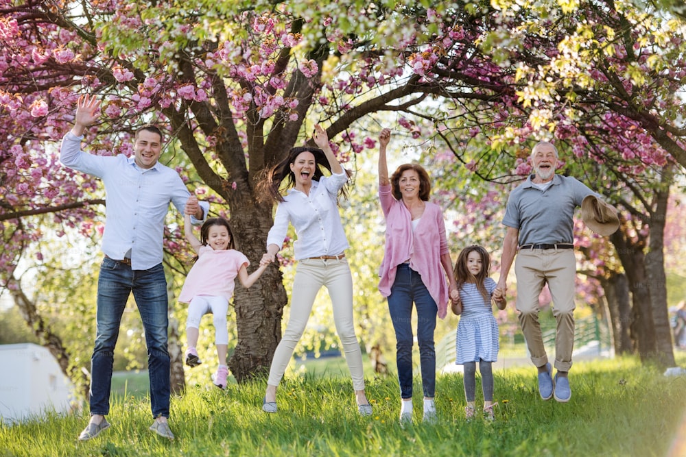 春の自然の中を散歩し、手をつないでジャンプする3世代家族。