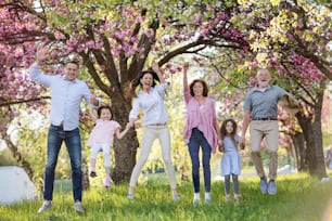 Familia de tres generaciones en un paseo al aire libre en la naturaleza primaveral, tomados de la mano y saltando.