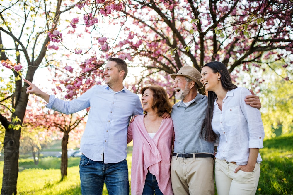 A young couple with senior parents walking outside in spring nature.