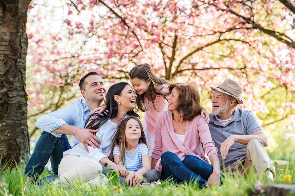 Front view of three generation family sitting outside in spring nature.