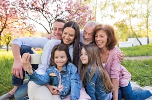 Three generation family with smartphone sitting outside in spring nature, taking selfie.