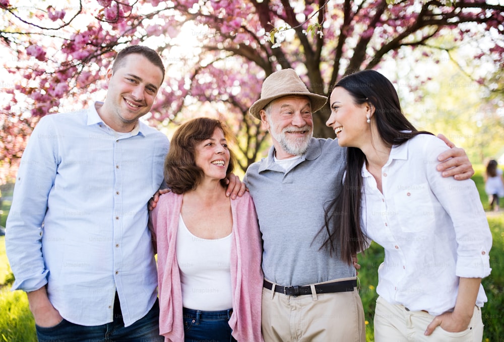 A young couple with senior parents walking outside in spring nature.