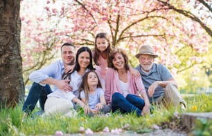 Front view of three generation family sitting outside in spring nature, looking at camera.