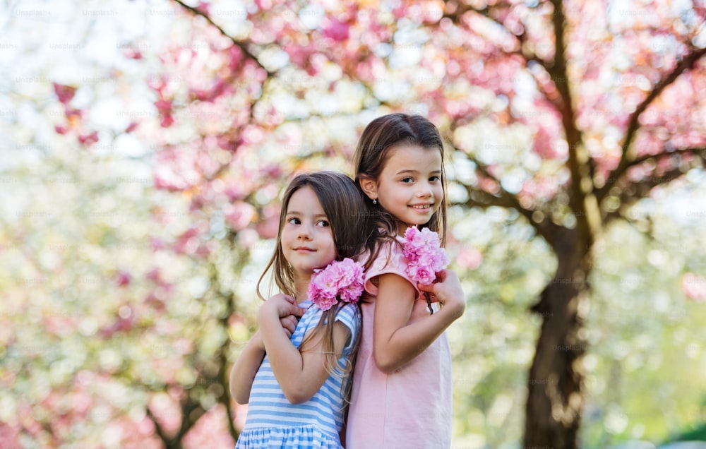 春の自然の中で外に花を持つ2人の小さな女の子がカメラを見ている。