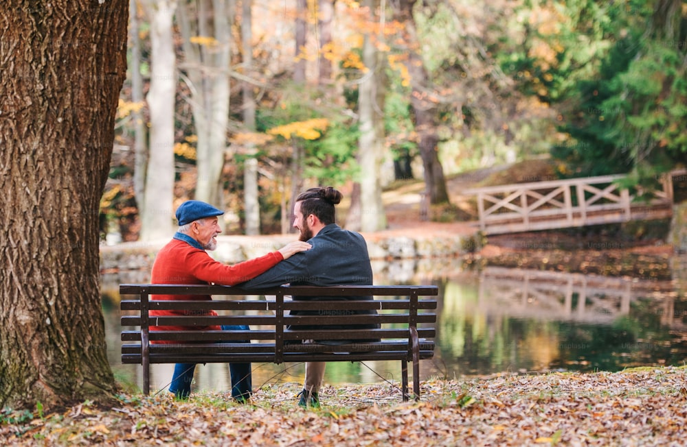 Uma visão traseira do pai sênior e seu filho sentados no banco à beira do lago na natureza, conversando.