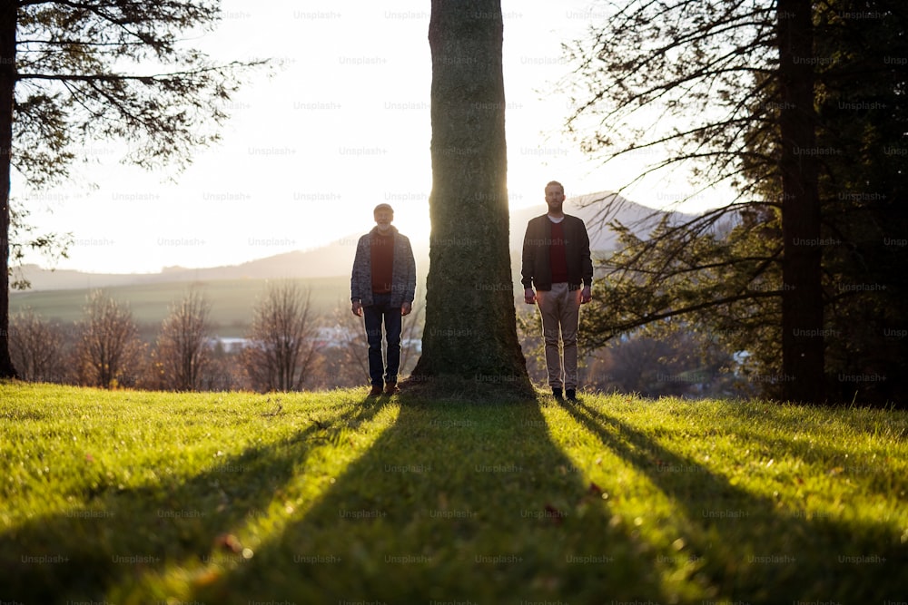 A senior father and his son standing by tree at sunset, looking at camera.