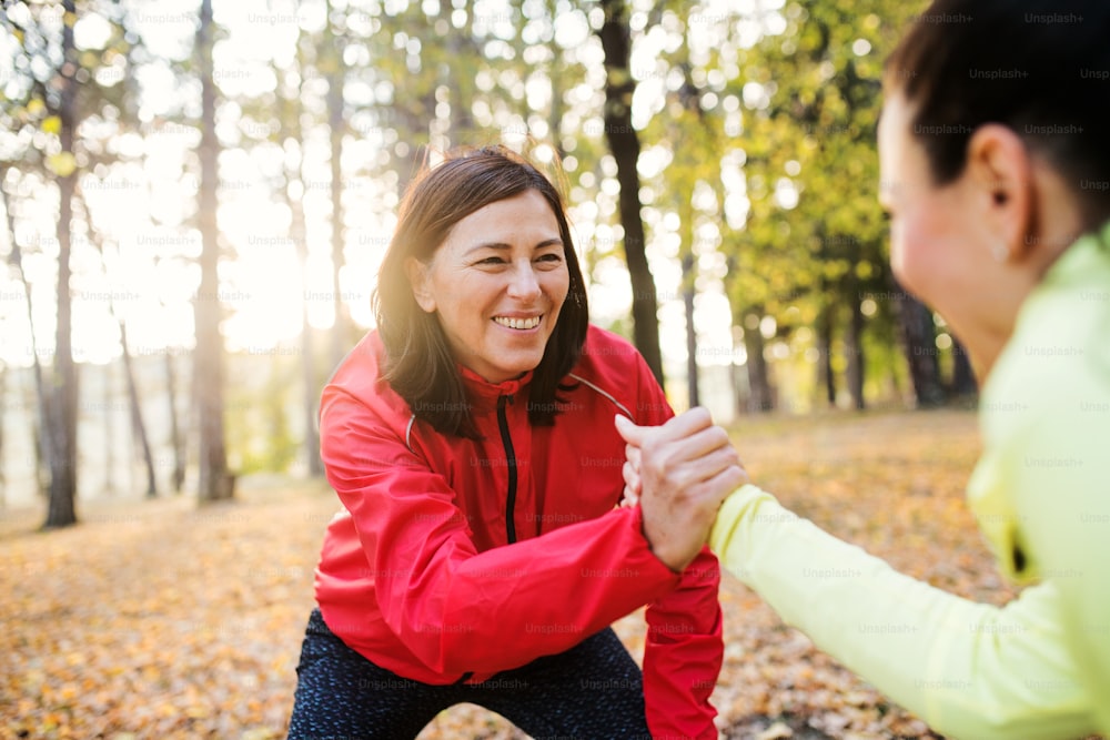 Two female runners stretching outdoors in forest in autumn nature, shaking hands at sunset.