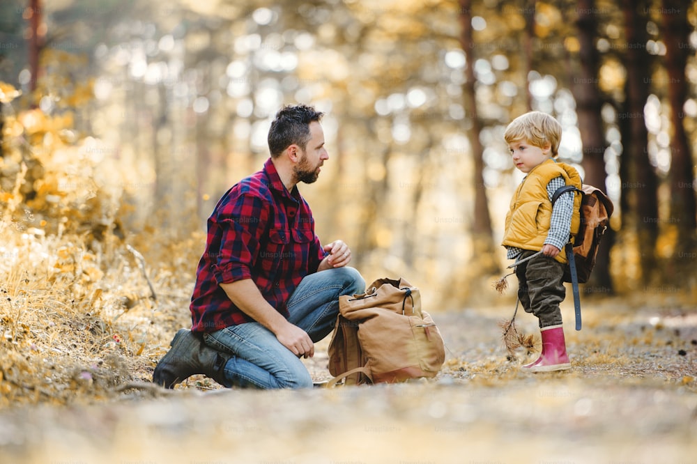 Un padre maduro con mochila y un hijo pequeño en un bosque otoñal, hablando.