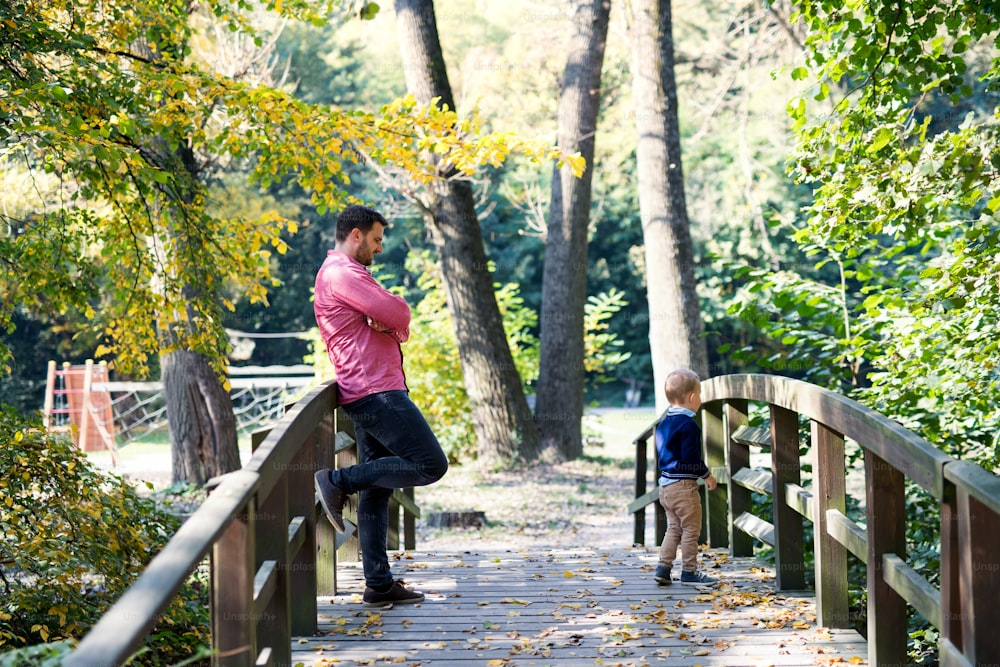Um pai com filho pequeno em uma caminhada no parque de outono, de pé na ponte.