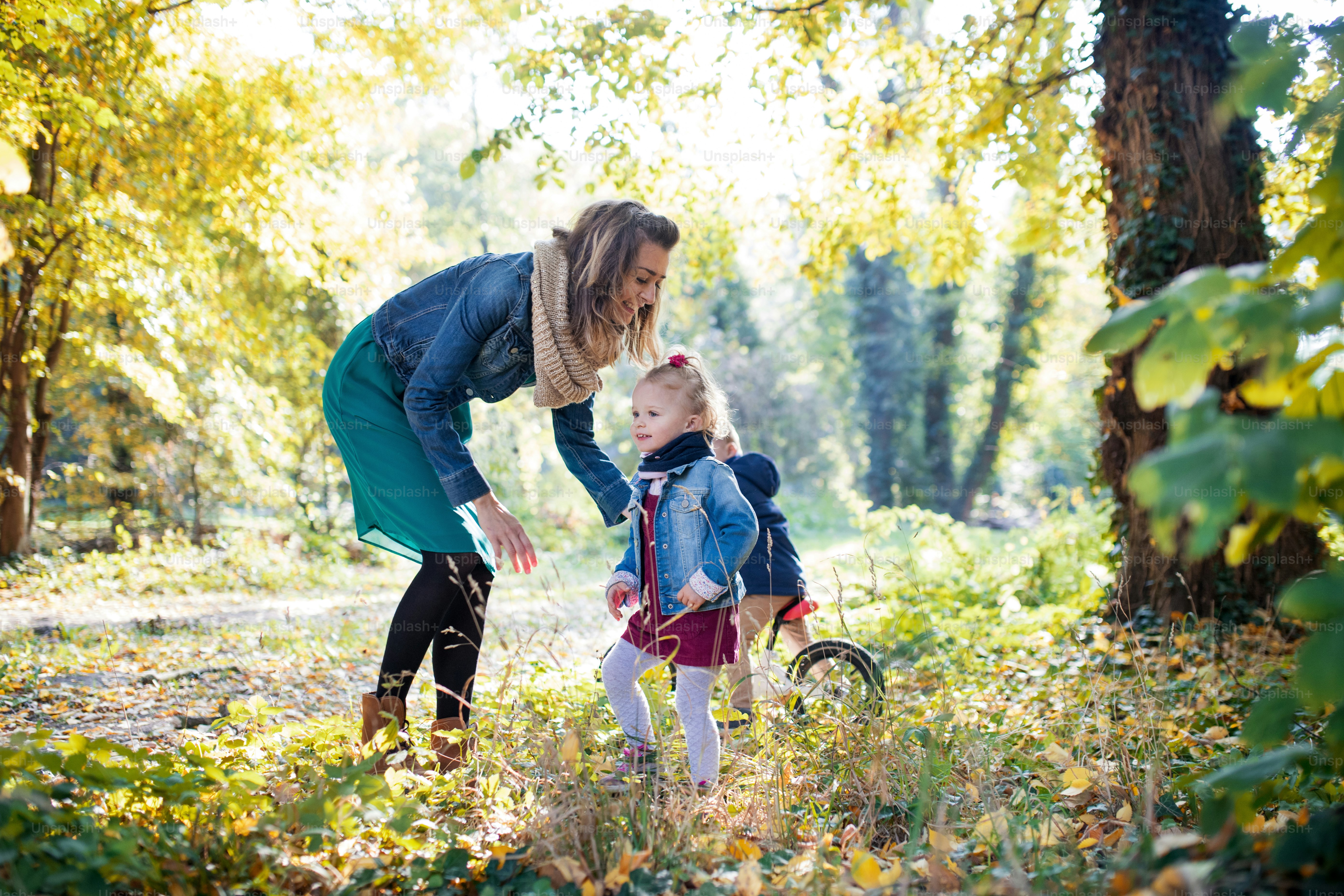 A beautiful young mother with small twins on a walk in autumn forest ...