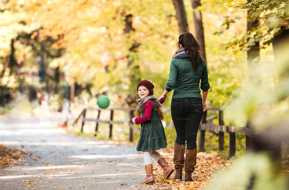 Eine Rückansicht einer Mutter mit einer kleinen Tochter, die im Wald in der Herbstnatur Händchen haltend spazieren geht.