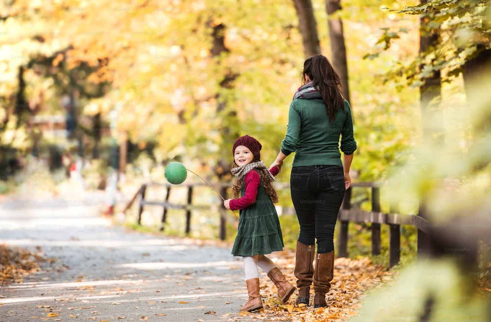 Una vista trasera de la madre con una hija pequeña caminando en el bosque en la naturaleza otoñal, tomados de la mano.